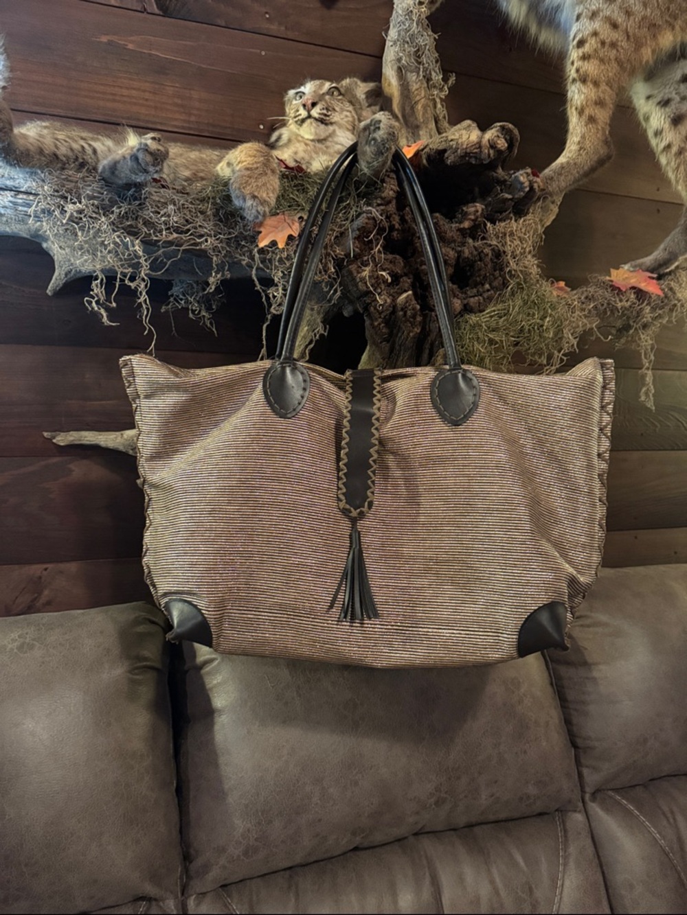 Textured Neutral Woven Tote with Black Trim and Tassel by bamboo54 FINAL DROP🎉🎉